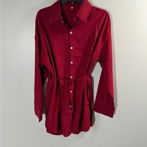 Red Button-Up Shirt with Belt